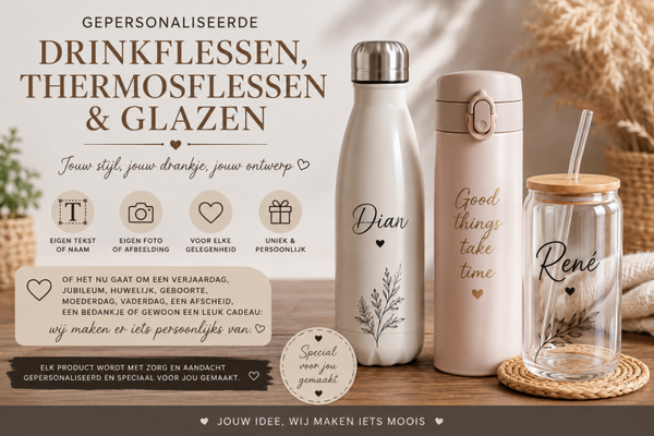 🥤 Gepersonaliseerde drinkflessen, thermosflessen & glazen