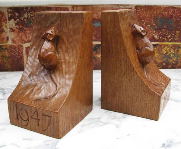 AN EARLY ROBERT "MOUSEMAN" THOMPSON PAIR OF BOOKENDS, DATED 1947, INSCRIBED TO JA
