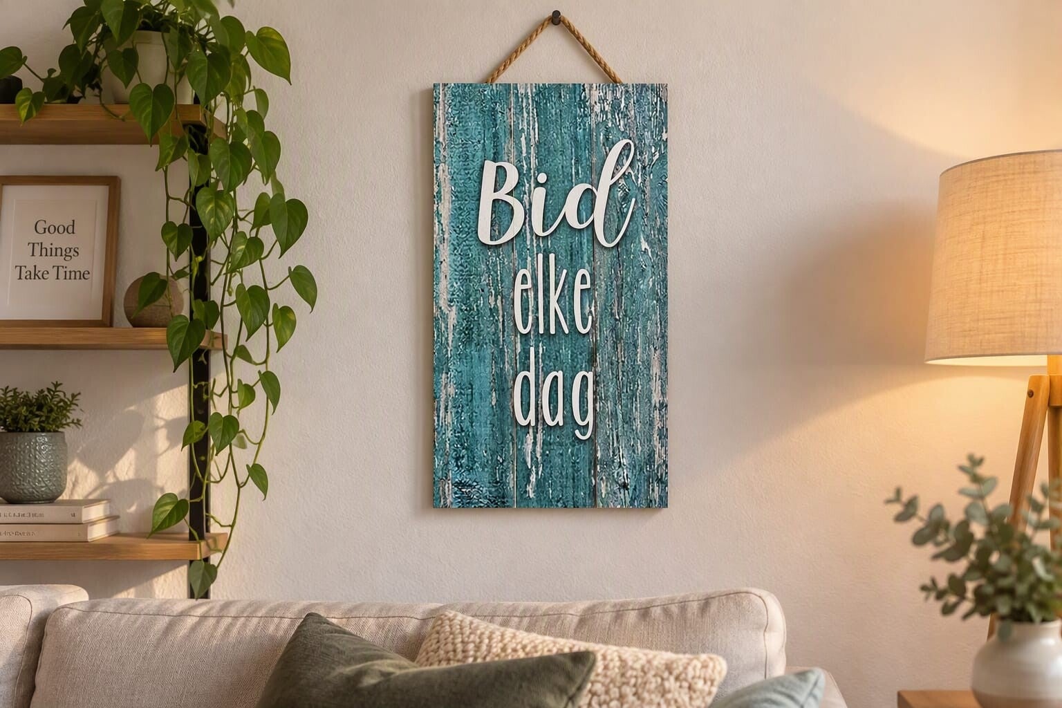 Houten Wandbord Bid Elke Dag Turquoise – Vintage Christelijke Woondecoratie