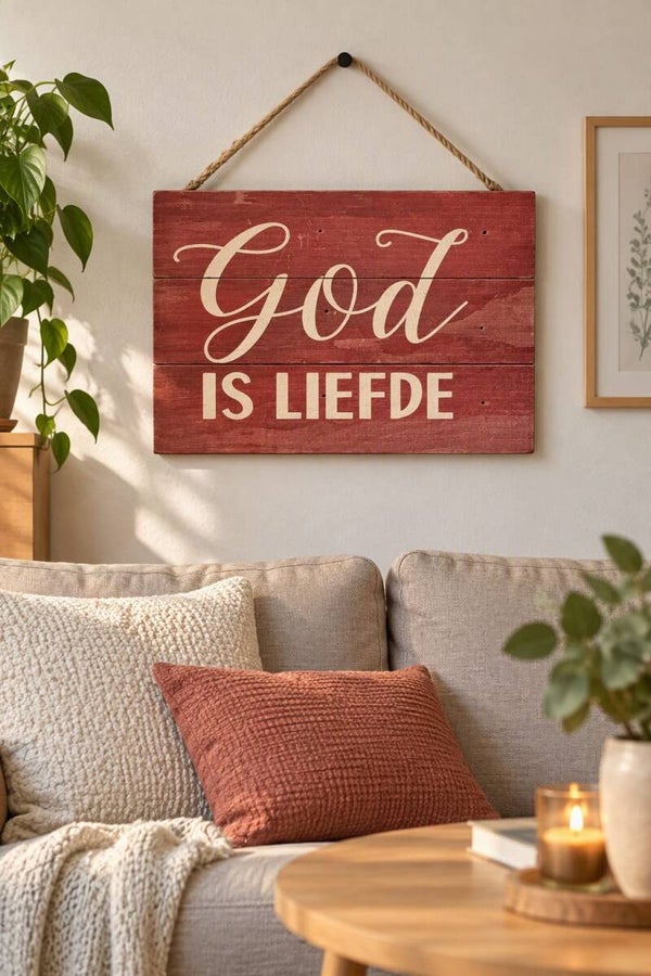 Houten Wandbord God is Liefde Rood – Christelijke Woondecoratie