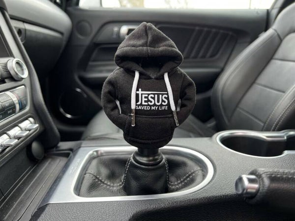Mini Hoodie voor Versnellingspook – Jesus Saved My Life – Christelijke Auto Accessoire