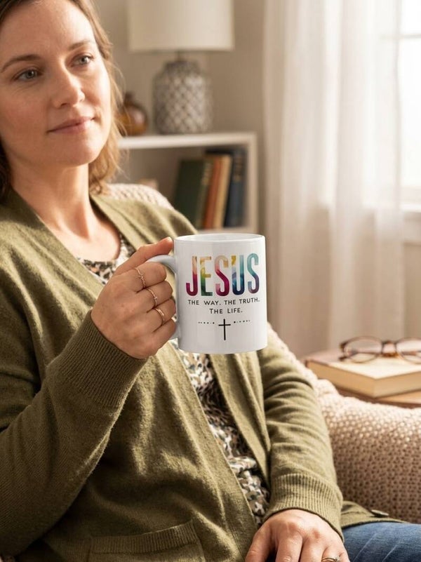 Christelijke Mok Jesus The Way, Truth, Life – Kleurrijke Geloofs Koffiebeker (Keramiek, 325ml)