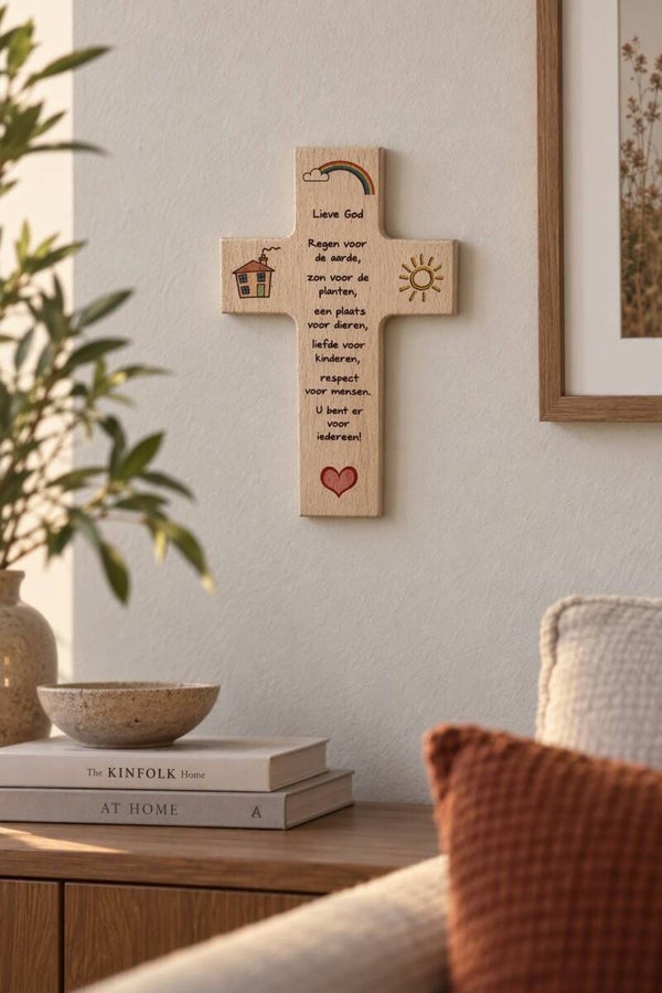 Houten Kinderkruis met Gebed en Regenboog – Uniek Christelijk Kinderwensen Cadeau
