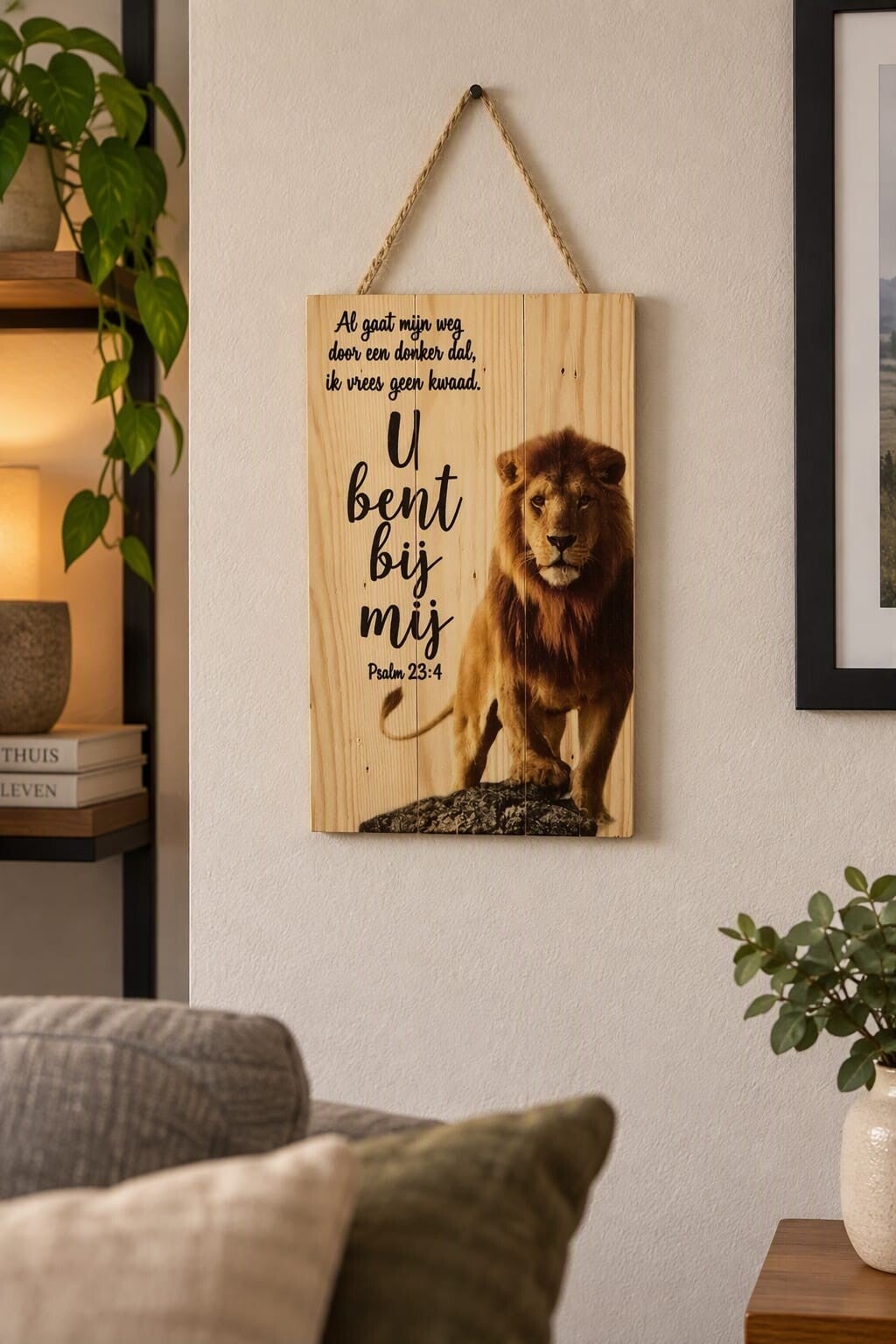 Houten Wandbordje Psalm 23:4 met Leeuw – Christelijke Decoratie