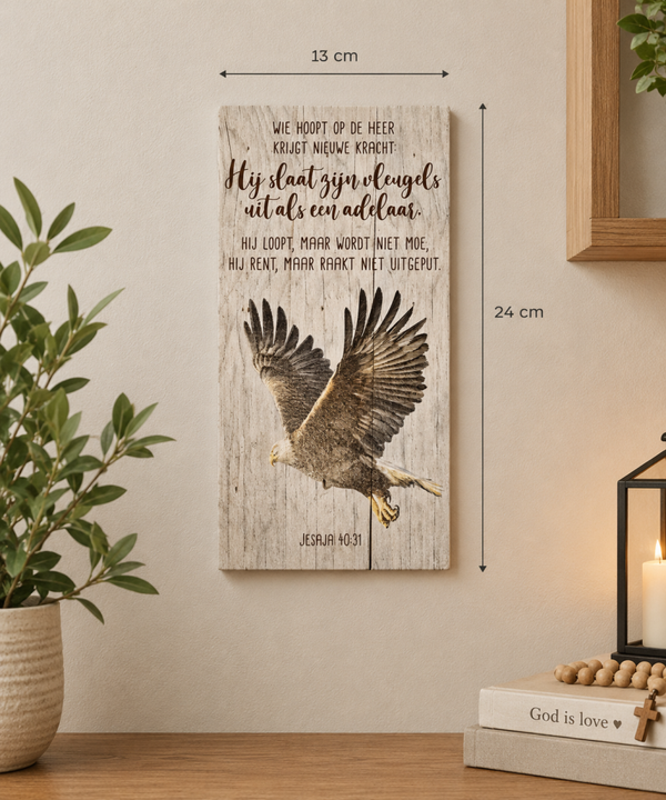 Houten Wandbord Jesaja 40:31 Adelaar (24x13 cm) – Christelijke Decoratie met een Hart