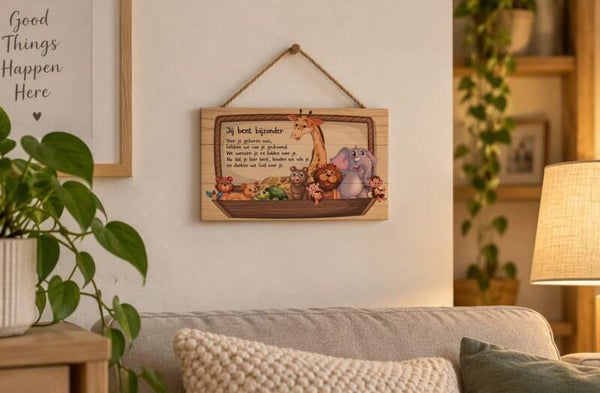 Groot Houten Kraambord Jij Bent Bijzonder Ark van Noach – Christelijk Cadeau Babykamer