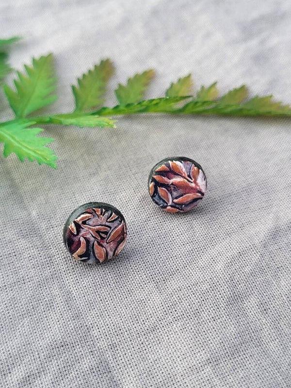 Puces d'oreilles « Feuillage d'Automne » — Effet Cuivre & Relief