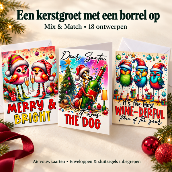 Grappige kerstkaarten met wijnhumor - A6 vouwkaarten, set van 6