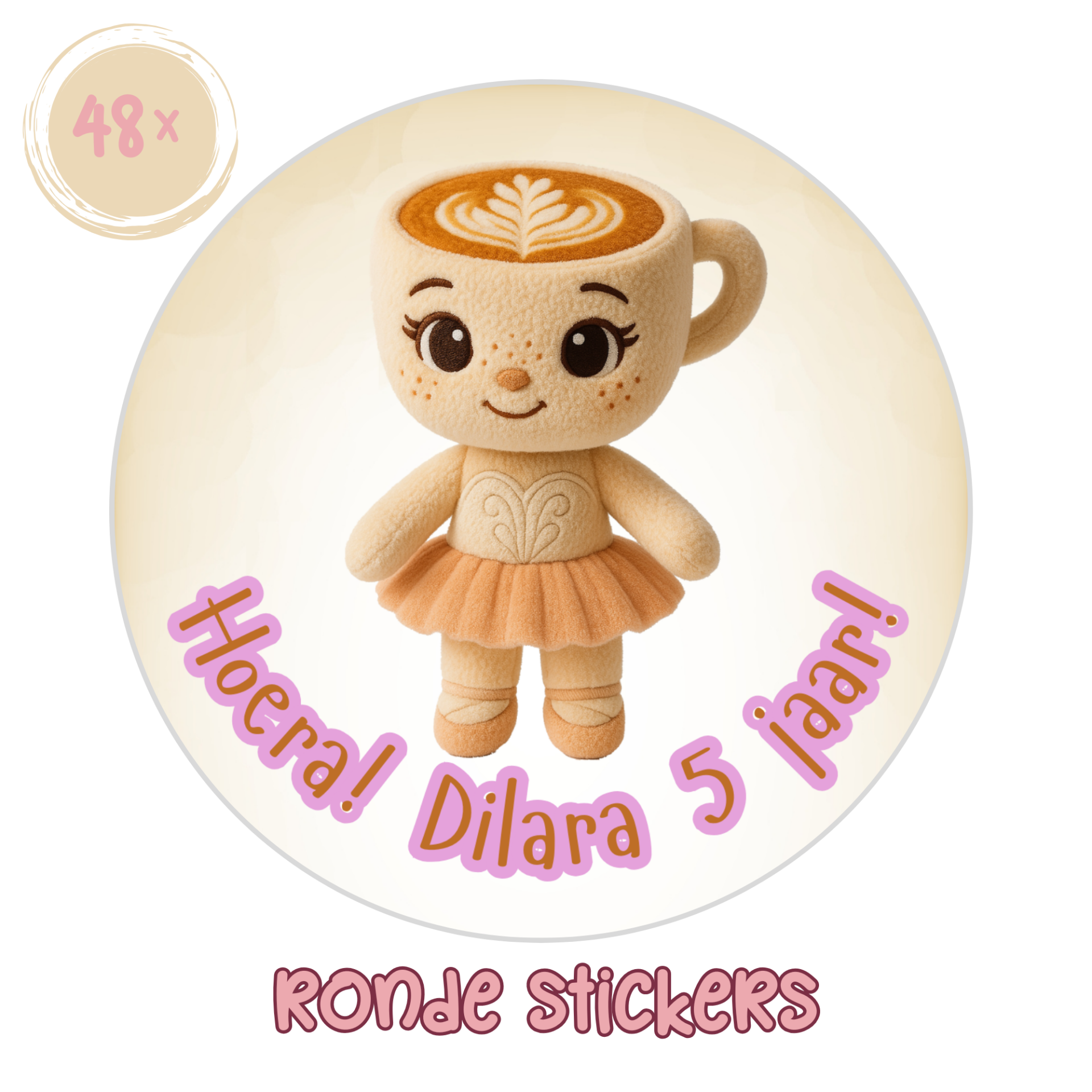 Traktatie stickers Brainrot Ballerina Cappuccina – gepersonaliseerd met naam en leeftijd – set van 48 ronde stickers