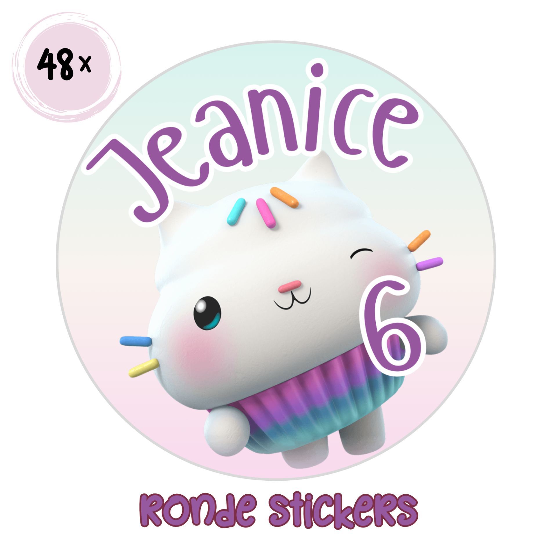 Cakey Kat stickers – gepersonaliseerd met naam en leeftijd – traktatie stickers Gabby’s Dollhouse