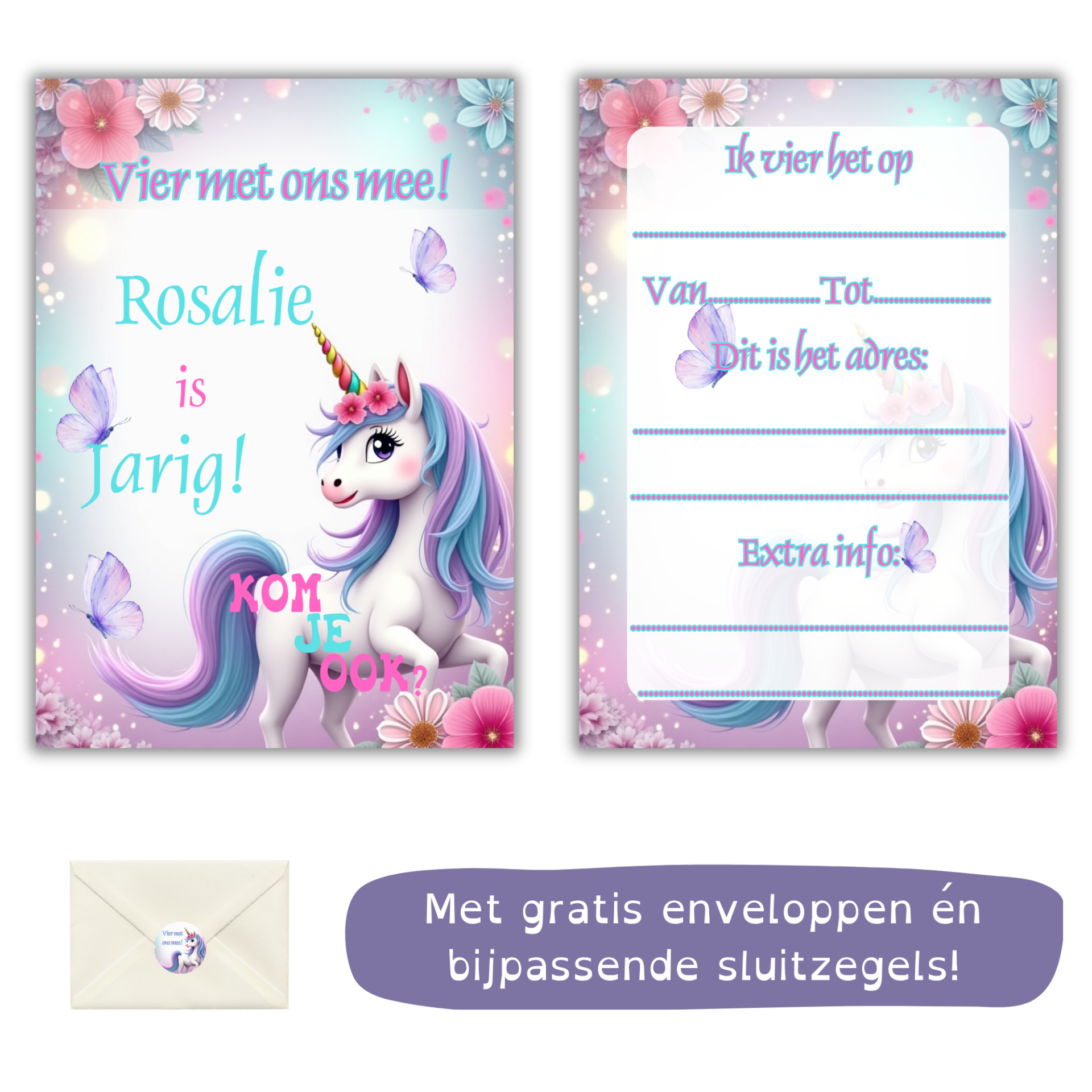Dromerige Unicorn Uitnodiging op Naam – Met Vlinder | BrightDesigns.nl