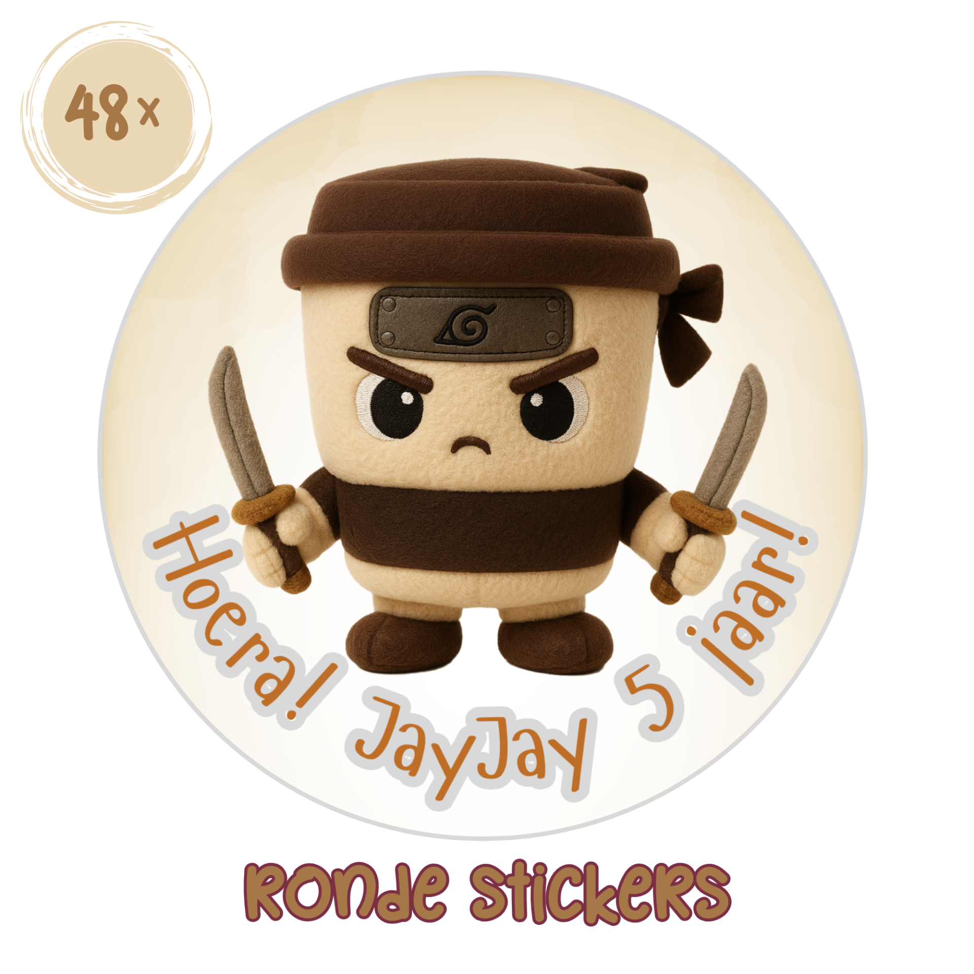 Traktatie stickers Brainrot Capuccino Assesino – gepersonaliseerd met naam en leeftijd – set van 48 ronde stickers