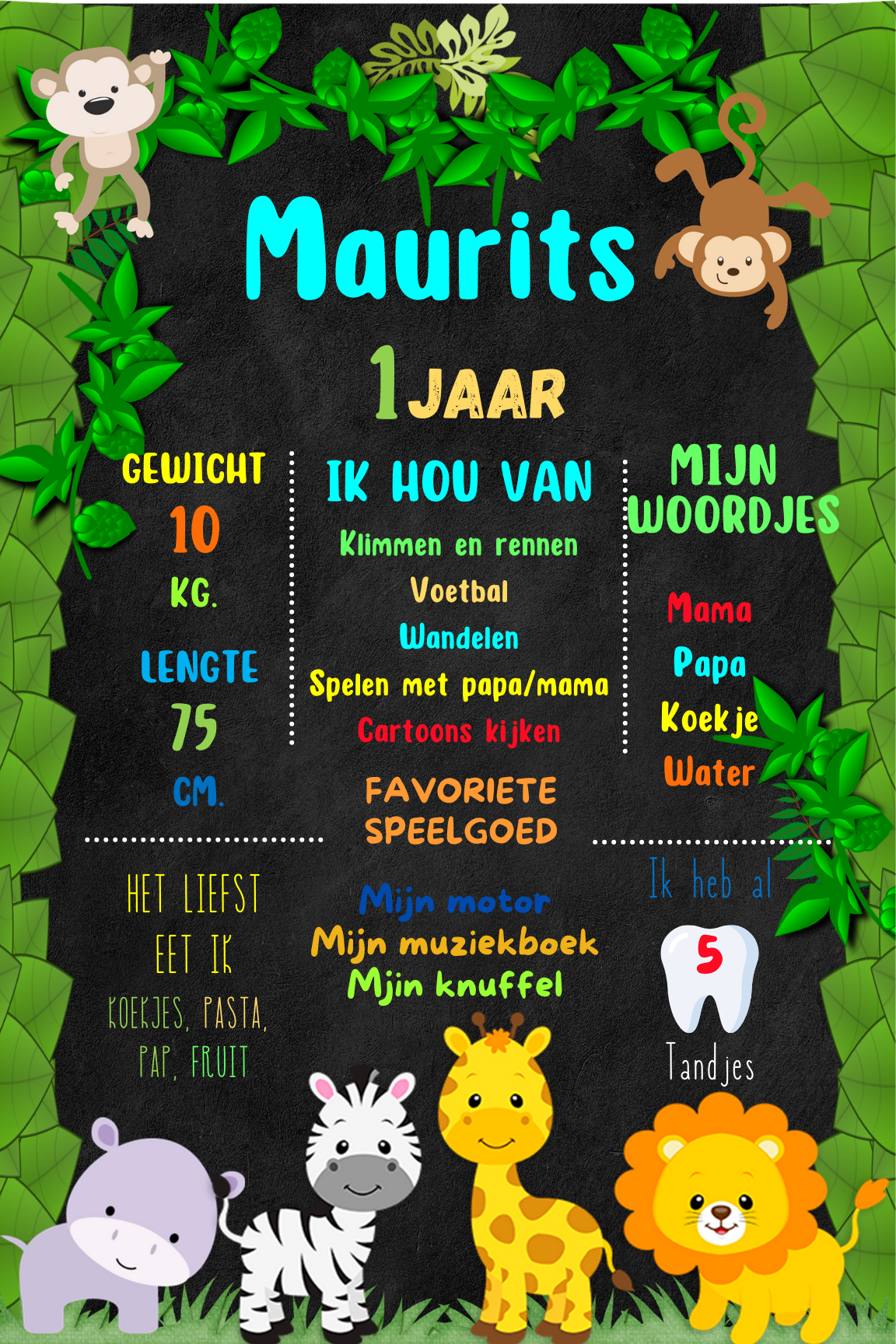 Verjaardagsposter Jungle – Gepersonaliseerd | Chalkboard stijl