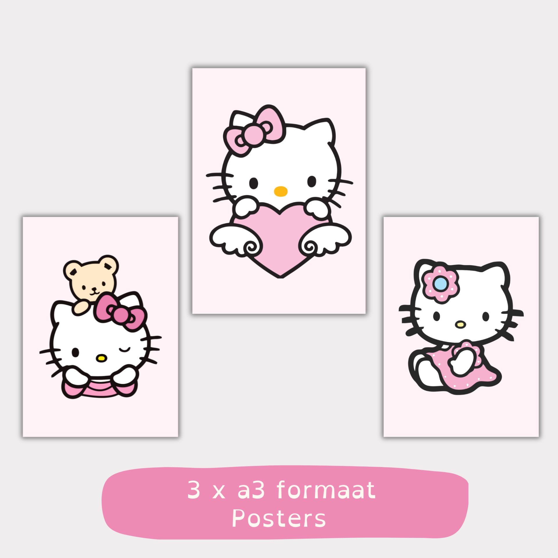Hello Kitty posters kinderkamer A3 – Set van 3 schattige wall art