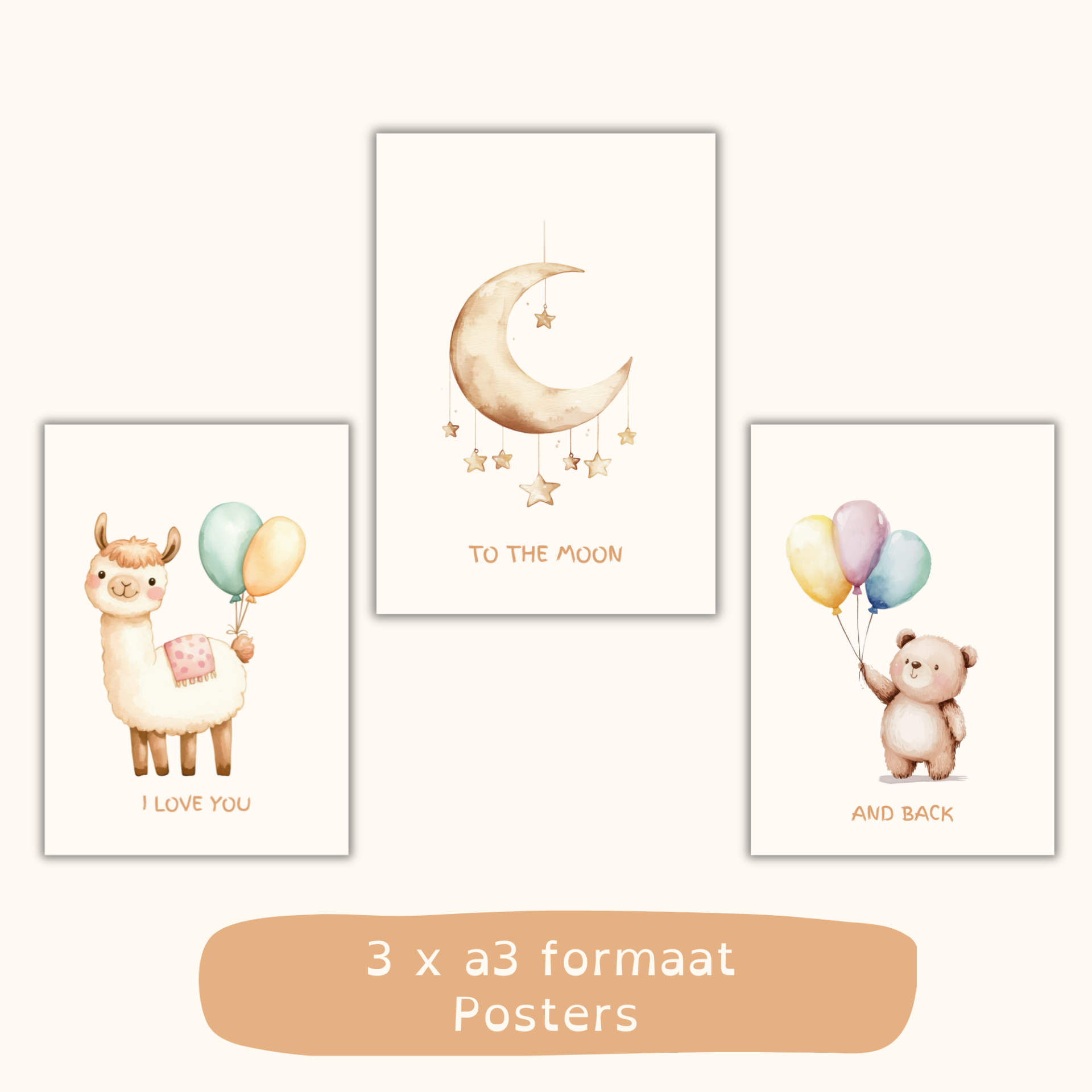 Babykamer posters A3 – Set van 3 met lama, beertje en maantje