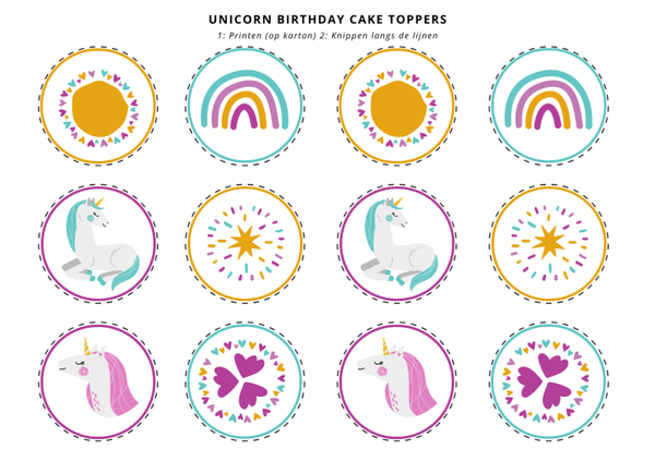 Printable cupcake toppers Unicorn & Rainbow – kleurrijk – 6 designs