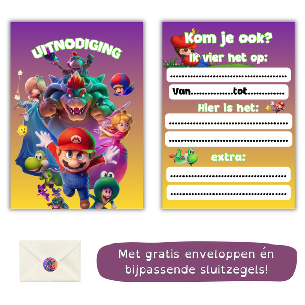 Super Mario Galaxy uitnodiging kinderfeestje – kant en klaar – incl. envelop & sticker – per stuk