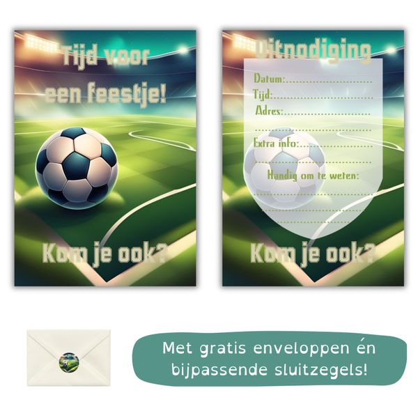 Stoere voetbal uitnodiging kinderfeestje – kant en klaar – uniek – incl. envelop & sticker