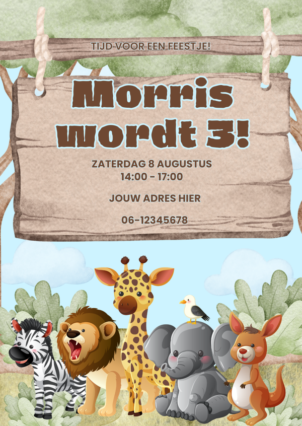Jungle uitnodiging kinderfeestje – gepersonaliseerd met naam en leeftijd