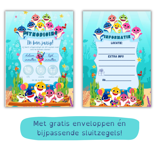 Baby Shark Uitnodiging Kinderfeestje – Inclusief Gratis Envelop & Sluitsticker