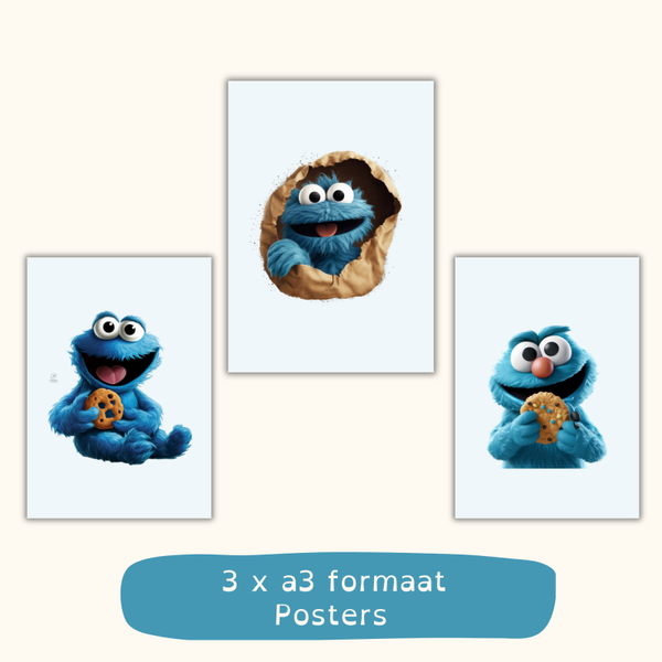 Cookie Monster posters kinderkamer – Set van 3 A3 wall art