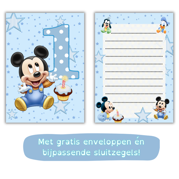 Mickey Mouse uitnodiging Jongen  1 jaar - Incl. gratis stickers