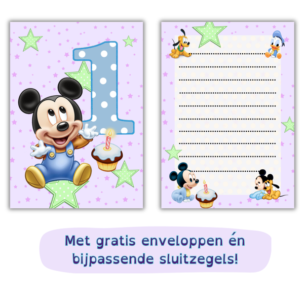 Mickey Mouse uitnodiging meisje 1 jaar - Incl. gratis stickers