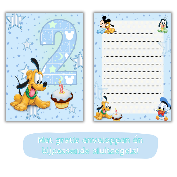 Mickey Mouse - Goofy uitnodiging 2 jaar – jongen – Incl. gratis stickers