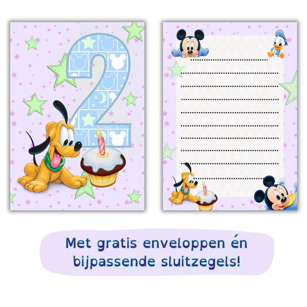 Mickey Mouse - Goofy uitnodiging 2 jaar – meisje – Incl. gratis stickers