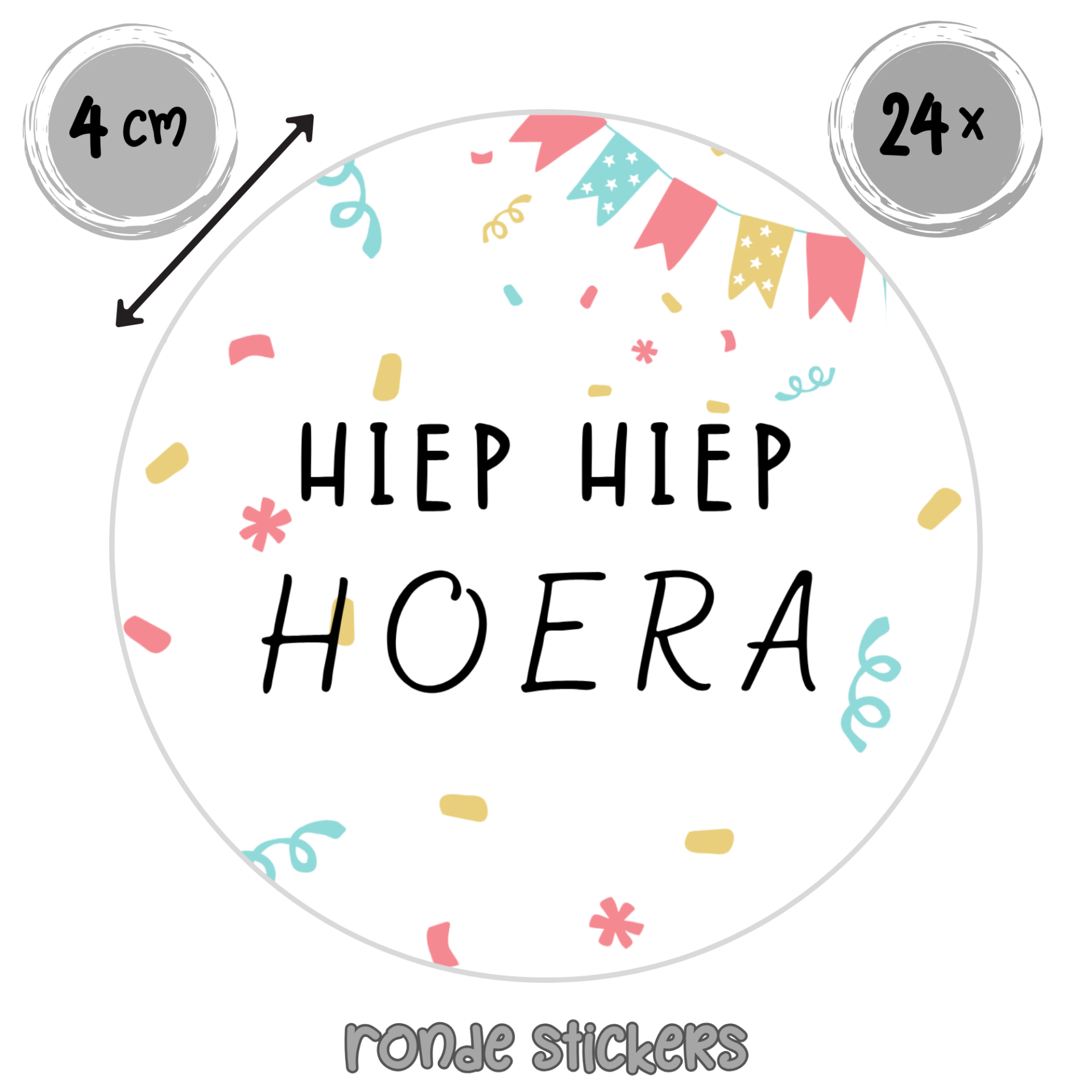 Hiep Hiep Hoera Stickers – Set van 24 – Ronde stickers met slingers – Zachte kleuren – 4 cm