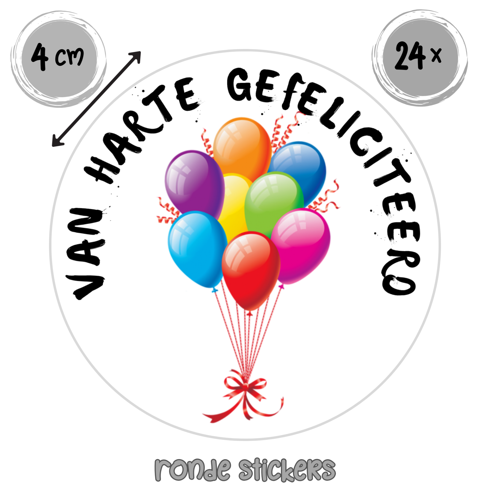Van Harte Gefeliciteerd Stickers – Set van 24 – Ronde stickers met ballonnen – 4 cm