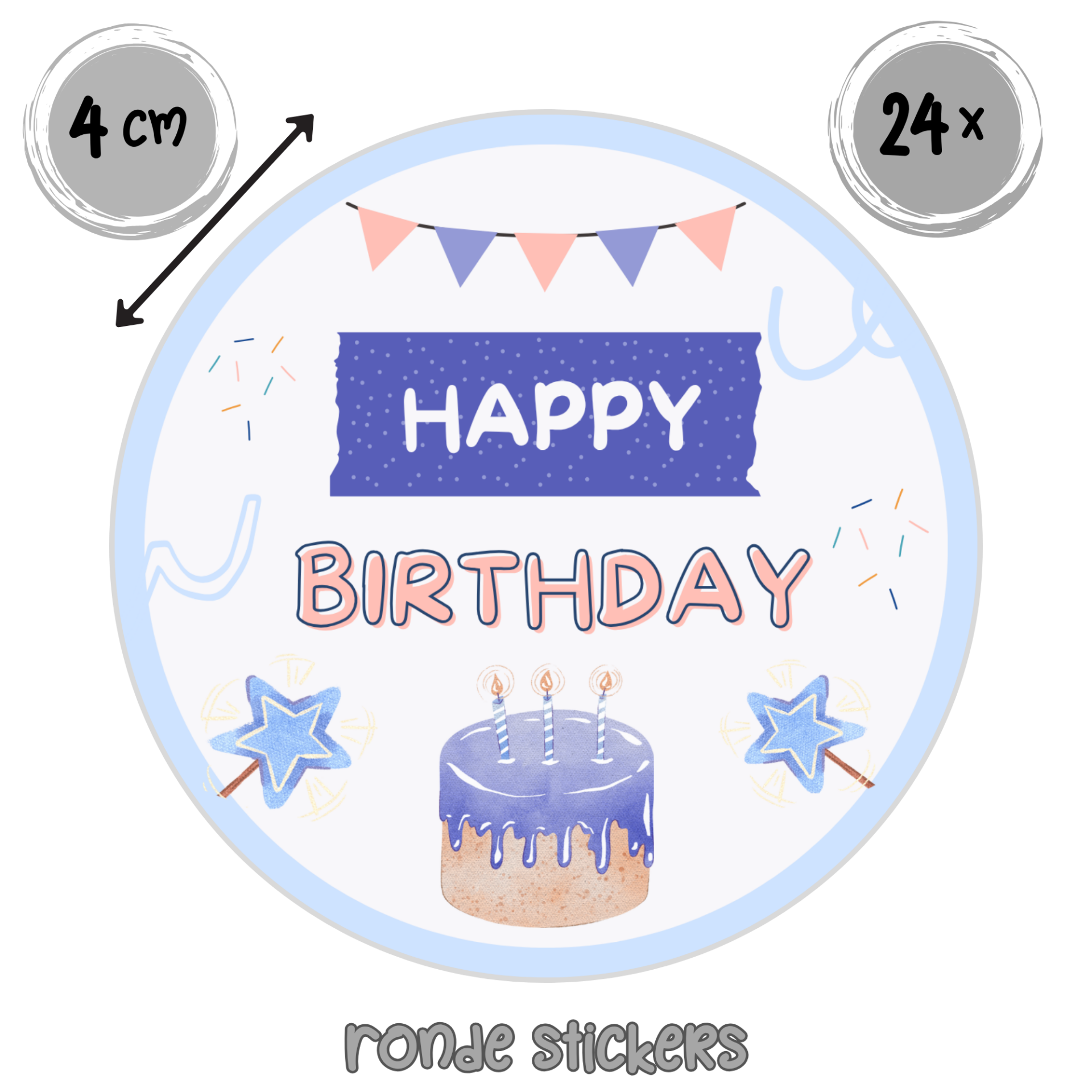 Happy Birthday Stickers – Set van 24 – Blauwe tinten met verjaardagstaart – 4 cm