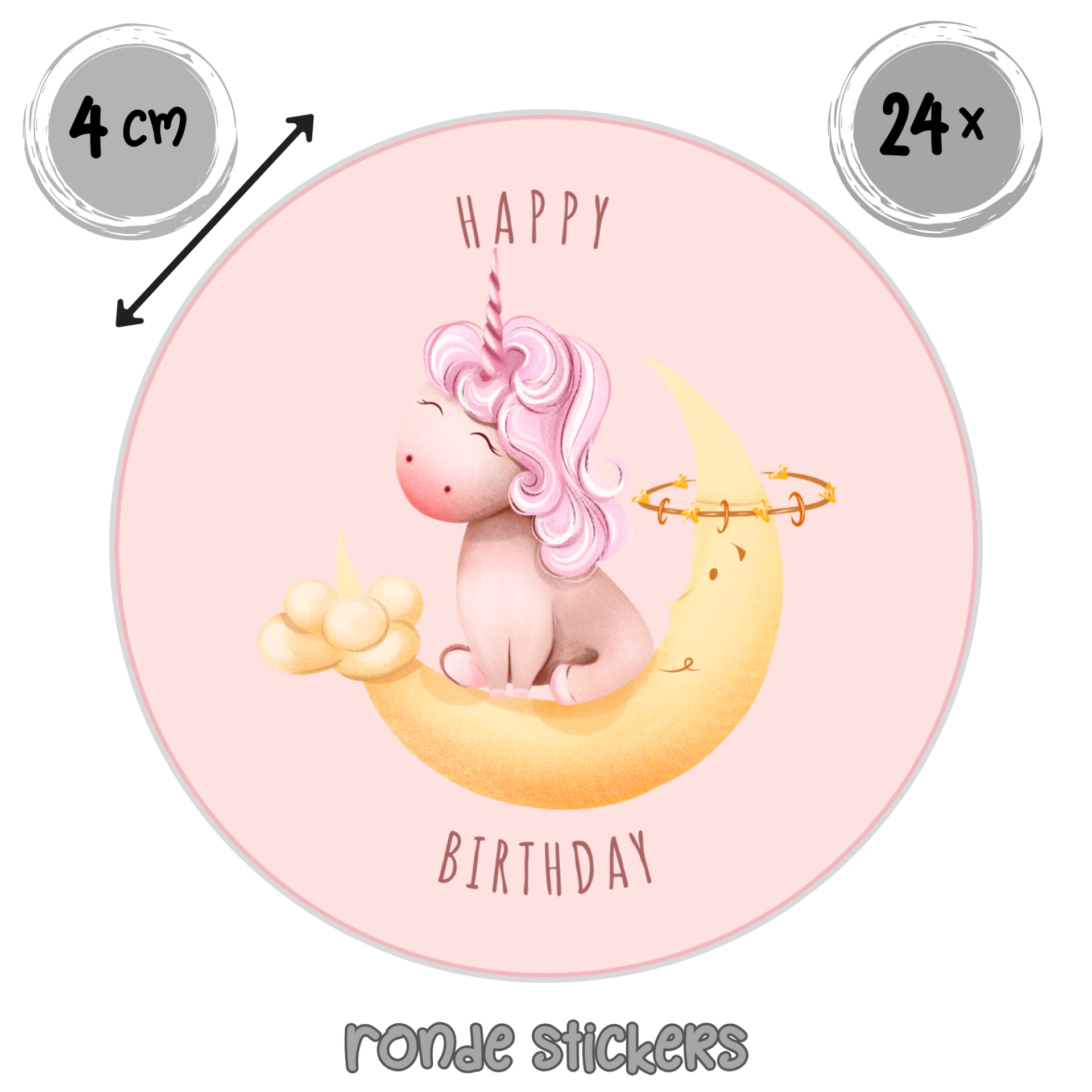 Happy Birthday Stickers – Set van 24 – Unicorn & Maantje – Zachtroze/geel – 4 cm