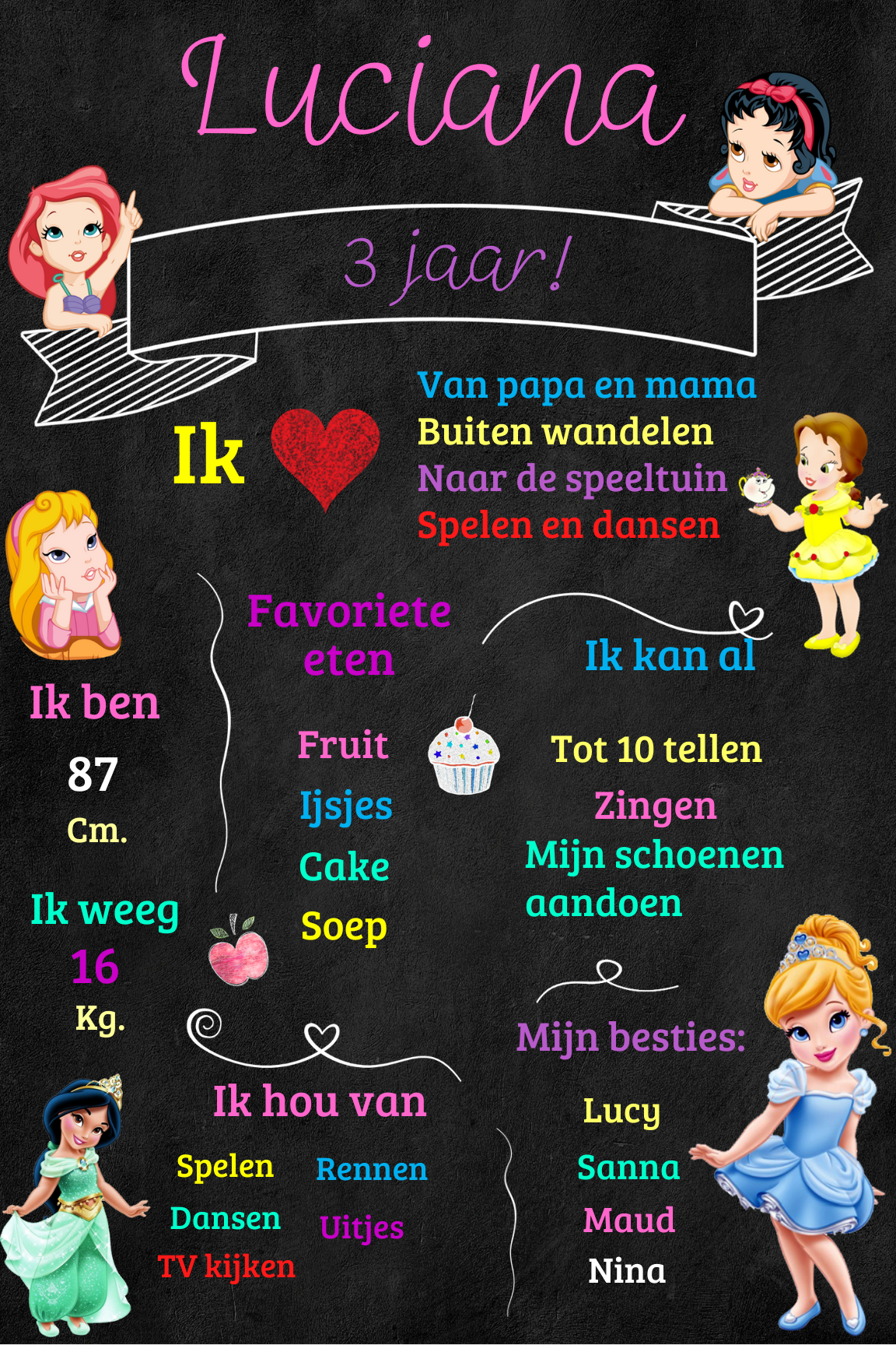 Verjaardagsposter Disney Prinsesjes – Gepersonaliseerd | Chalkboard stijl