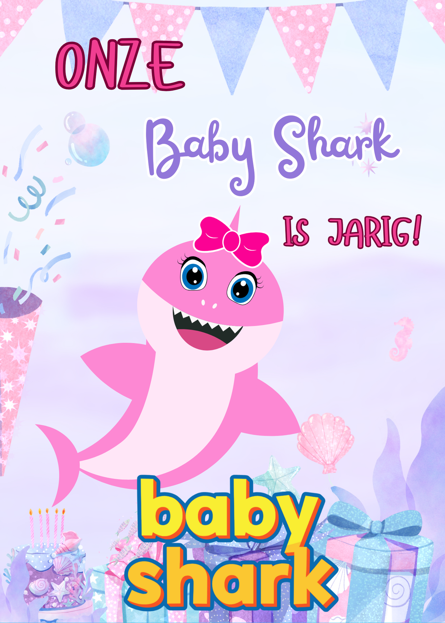 Baby Shark uitnodiging kinderfeestje (Pink)