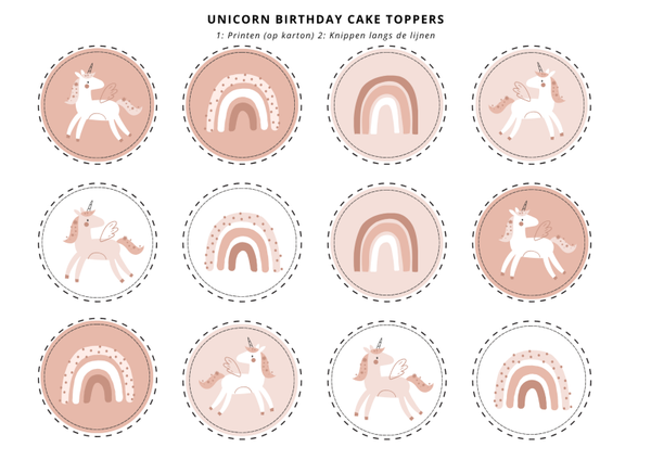 Printable cupcake toppers Unicorn & Rainbow – neutrale kleuren – 6 designs