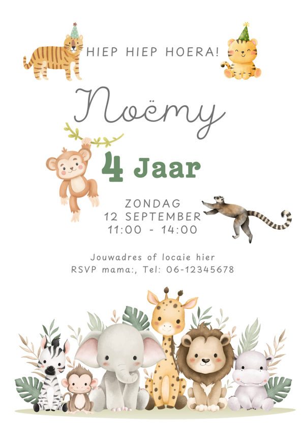 Schattige jungle uitnodiging – kinderfeestje – gepersonaliseerd