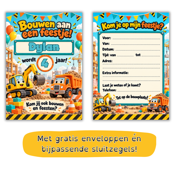 Bouwfeest uitnodiging met naam en leeftijd – graafmachine & kiepwagen