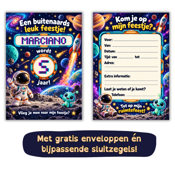 Ruimtefeest uitnodiging met naam en leeftijd – astronaut & raket