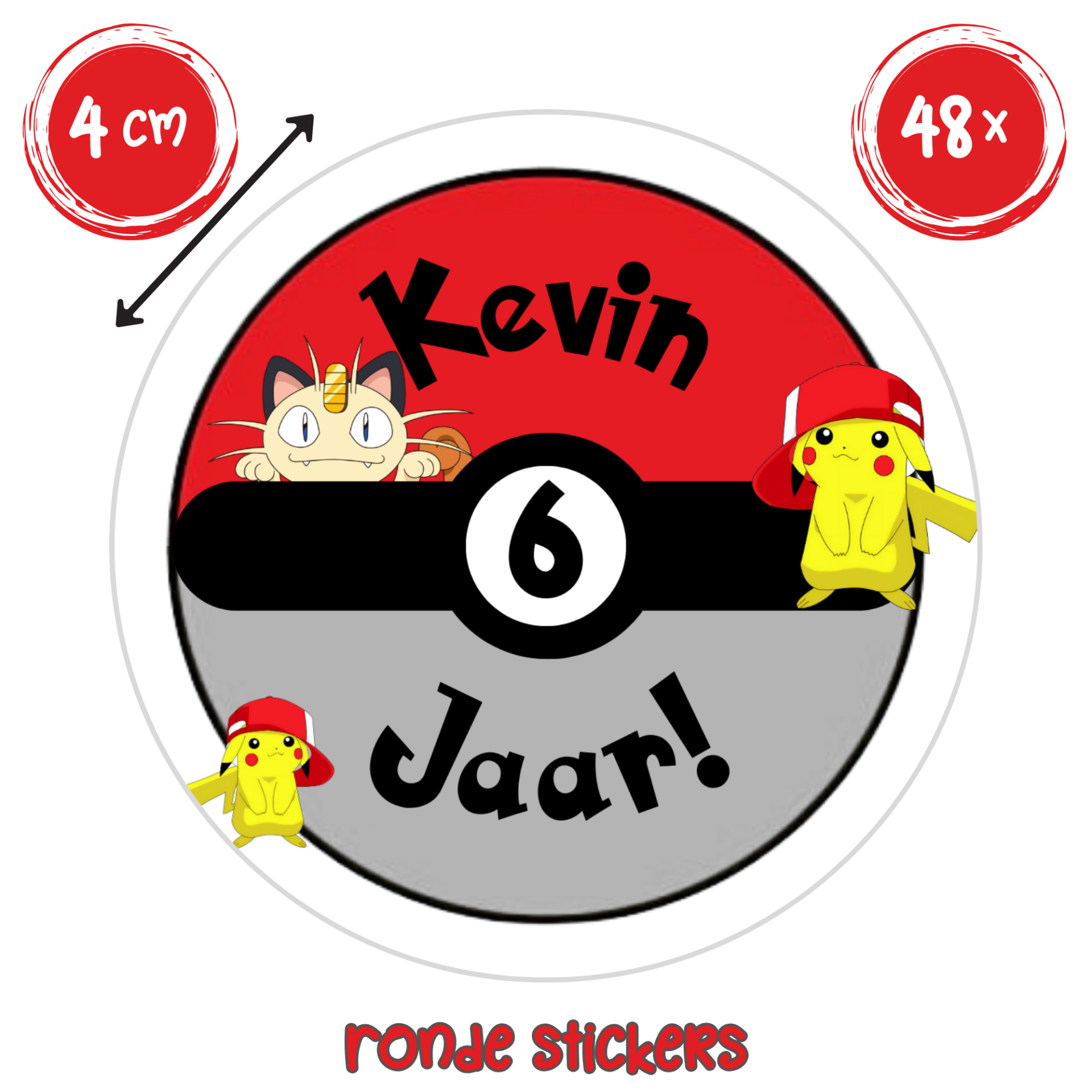Pokébal traktatie stickers met naam en leeftijd – 48 stuks Pokémon stickers