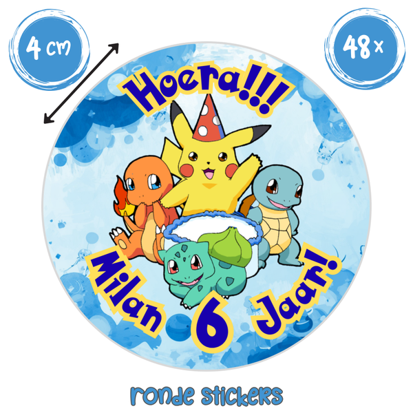 Pokémon traktatie stickers met naam en leeftijd – 48 stuks gepersonaliseerde verjaardag stickers