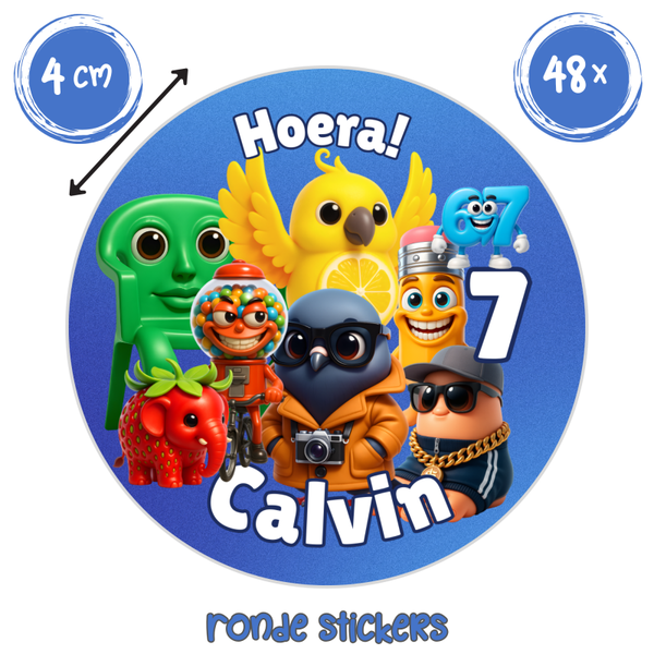 Brainrot verjaardag stickers met naam en leeftijd – 48 stuks traktatie stickers