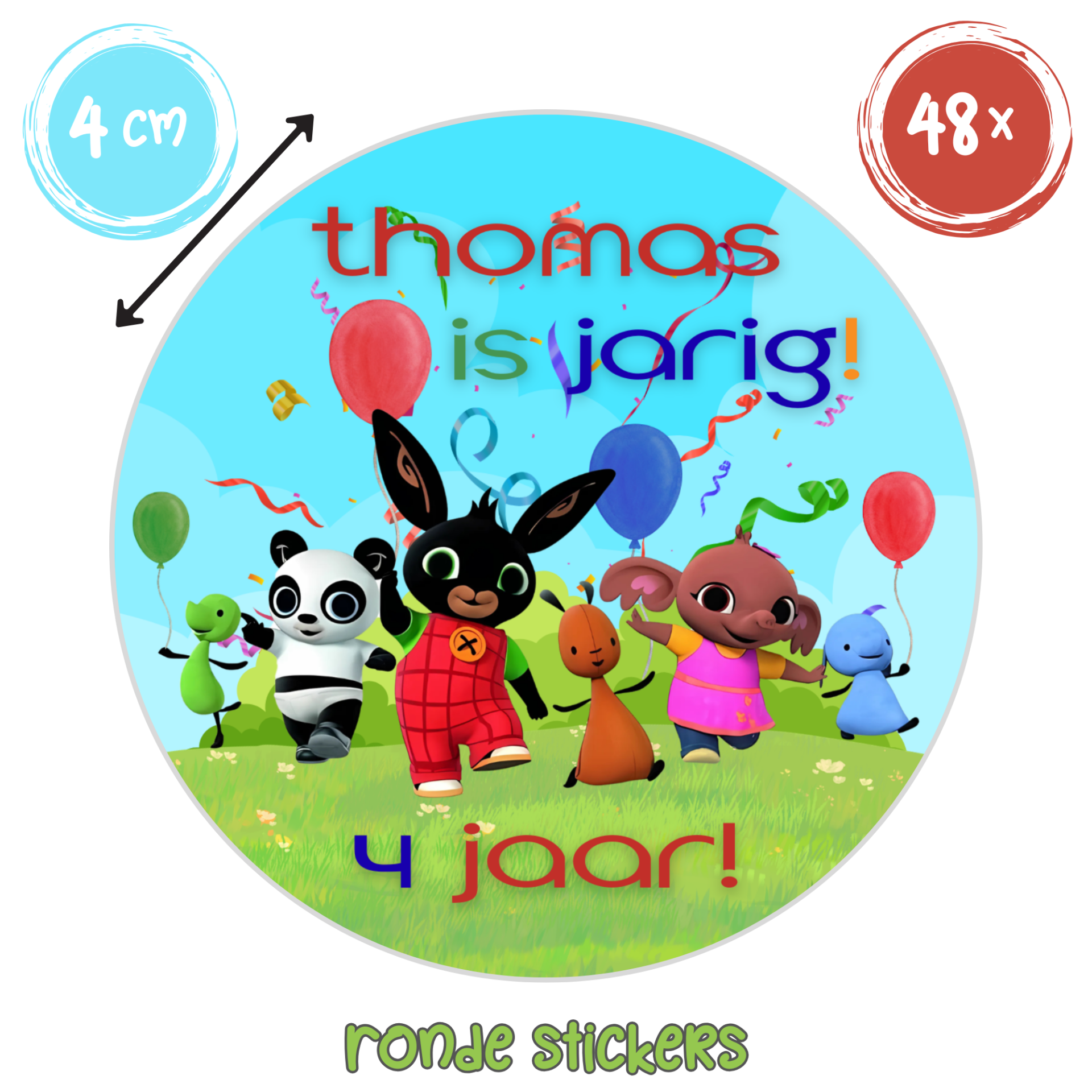 Bing gepersonaliseerde traktatie stickers met naam en leeftijd – 48 stuks verjaardag etiketten