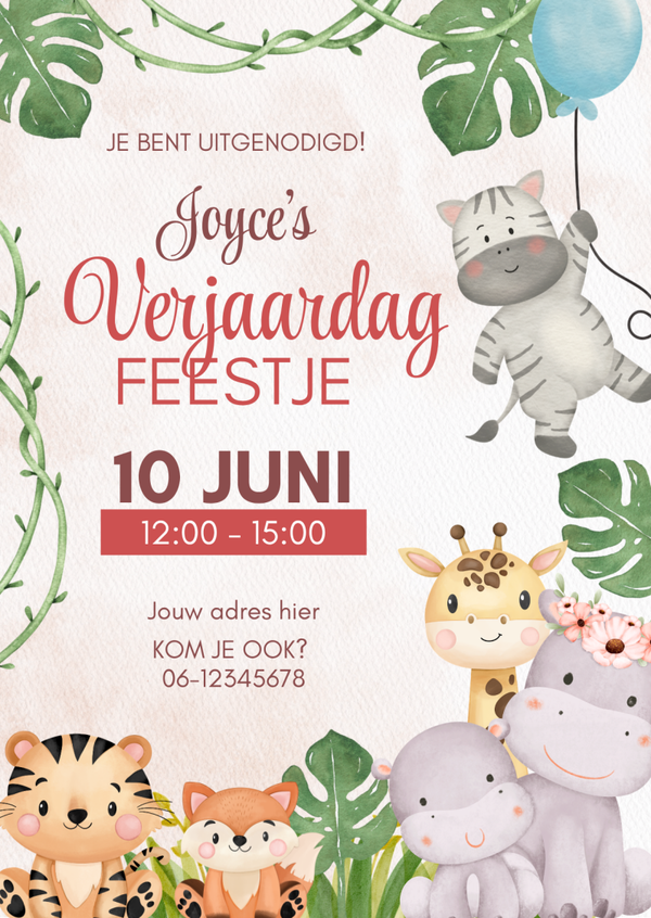 Vrolijke jungle uitnodiging kinderfeestje – gepersonaliseerd