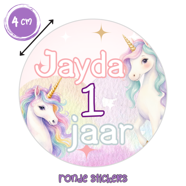 Unicorn traktatiestickers – gepersonaliseerd met naam en leeftijd – 48 stuks