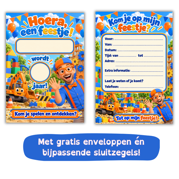 Uitnodiging Blippi-feestje – met naam en leeftijd