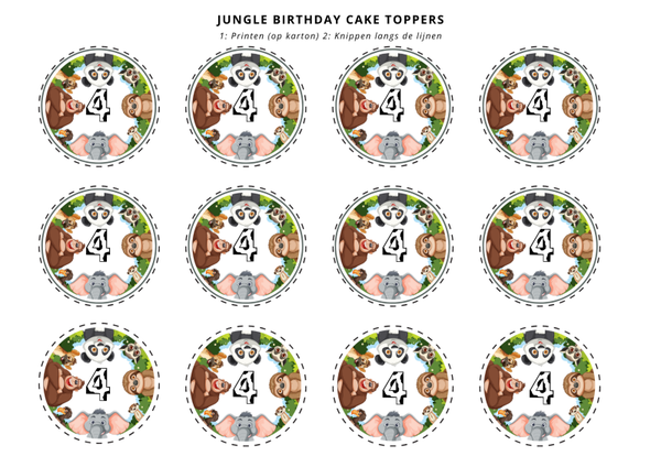 Printable Jungle cupcake toppers 4 jaar – 6 dubbelzijdige toppers