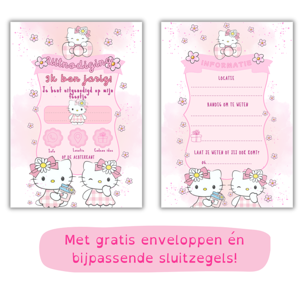 Hello Kitty Uitnodiging Kinderfeestje – Inclusief Gratis Envelop & Sluitsticker