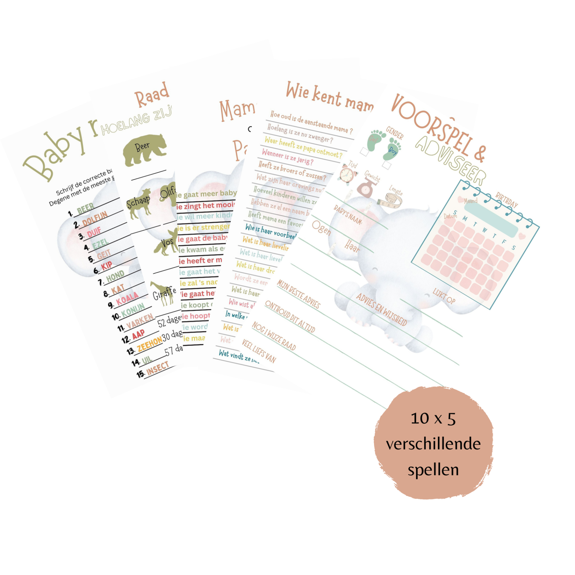 Babyshower spelletjes Olifantje (5 spellen/invulkaarten)