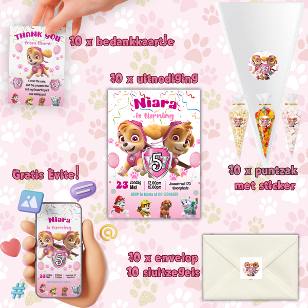 Paw Patrol Skye feestpakket – Uitnodigingen, bedankkaartjes & traktaties | Gepersonaliseerd